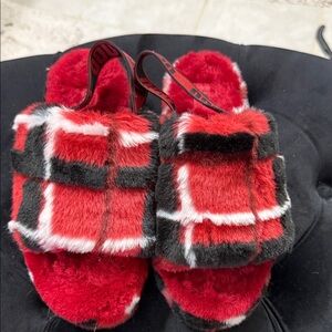 UGG Red and Black Furry Slides with strap
